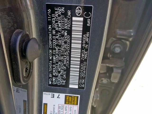 JTDKARFP5H3003839 - 2017 TOYOTA PRIUS PRIM 灰色 照片 10