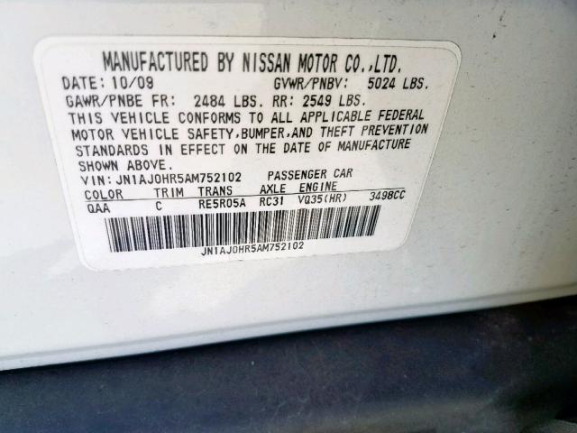 JN1AJ0HR5AM752102 - 2010 INFINITI EX35 BASE WHITE photo 10