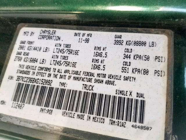 3B7KC2368XG152092 - 1999 DODGE RAM 2500 GREEN photo 10