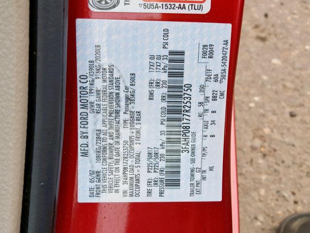 3FAHP08177R253750 - 2007 FORD FUSION SEL RED photo 10