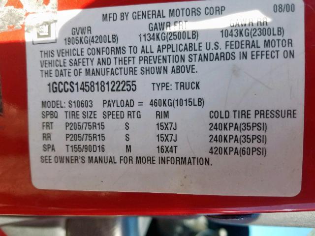 1GCCS145818122255 - 2001 CHEVROLET S TRUCK S1 RED photo 10