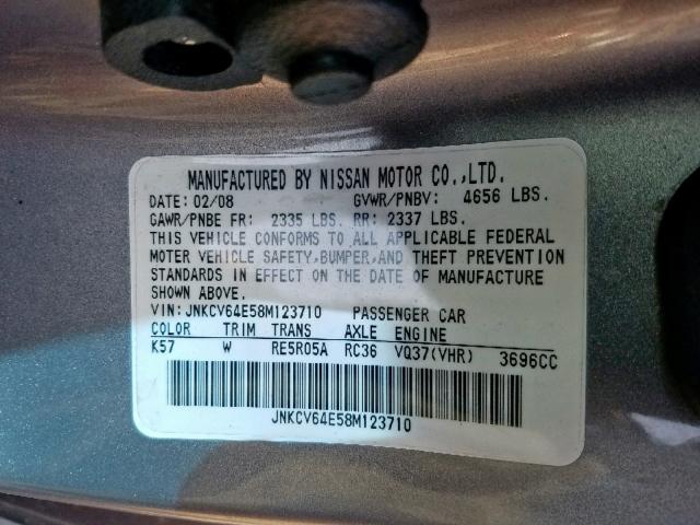 JNKCV64E58M123710 - 2008 INFINITI G37 BASE GRAY photo 10