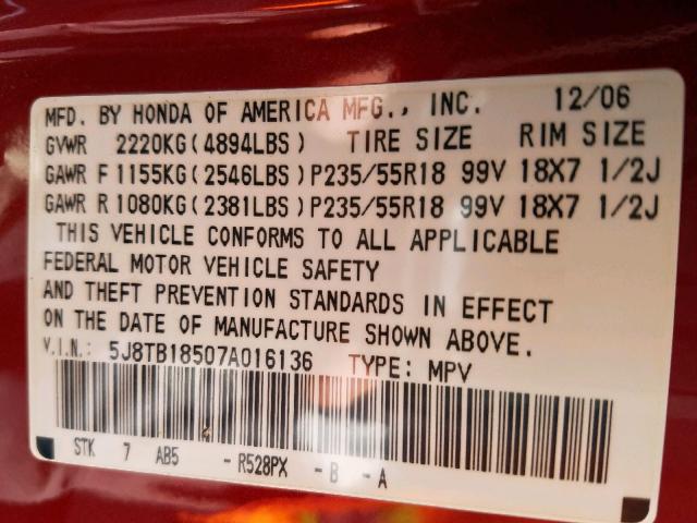 5J8TB18507A016136 - 2007 ACURA RDX TECHNO RED photo 10