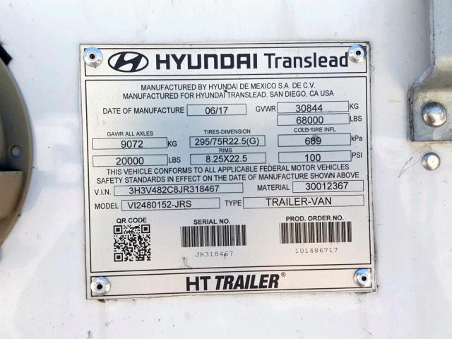 3H3V482C8JR318467 - 2018 HYUNDAI TRAILER WHITE photo 10