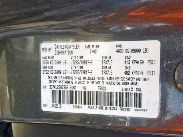 3D7KU28673G710164 - 2003 DODGE RAM 2500 S ნაცრისფერი ფოტო 10