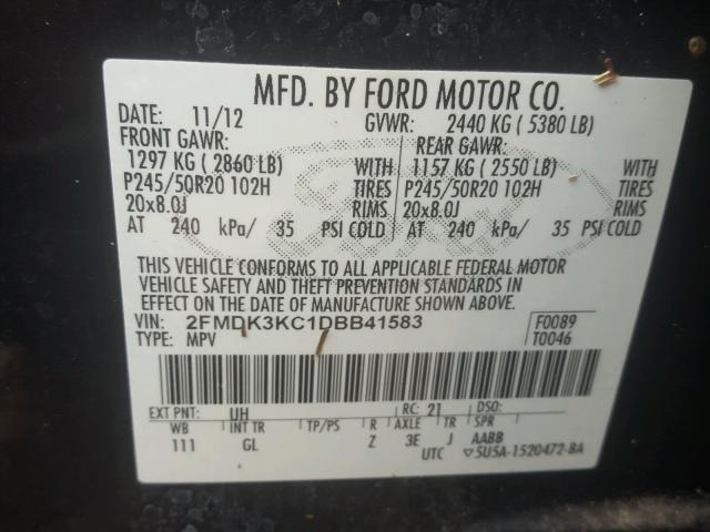 2FMDK3KC1DBB41583 - 2013 FORD EDGE LIMIT BLACK photo 10