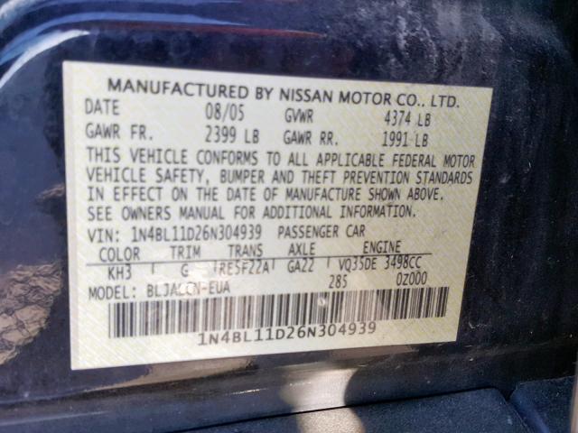 1N4BL11D26N304939 - 2006 NISSAN ALTIMA SE BLACK photo 10