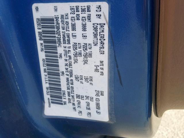 1B4HR38N32F200541 - 2002 DODGE DURANGO SP BLUE photo 10