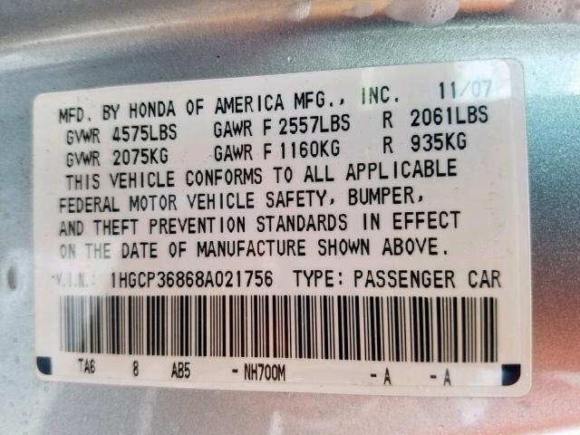 1HGCP36868A021756 - 2008 HONDA ACCORD EXL SILVER photo 10