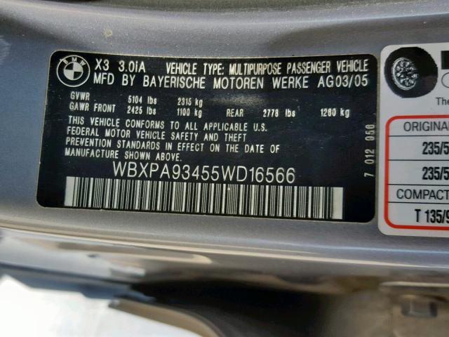 WBXPA93455WD16566 - 2005 BMW X3 3.0I GRAY photo 10