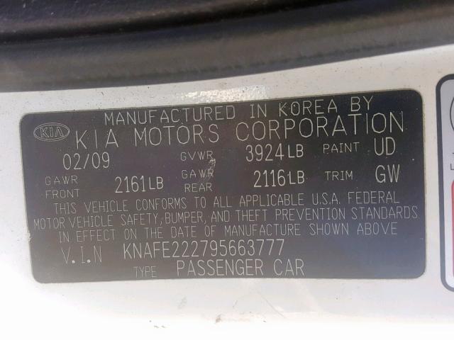 KNAFE222795663777 - 2009 KIA SPECTRA EX WHITE photo 10