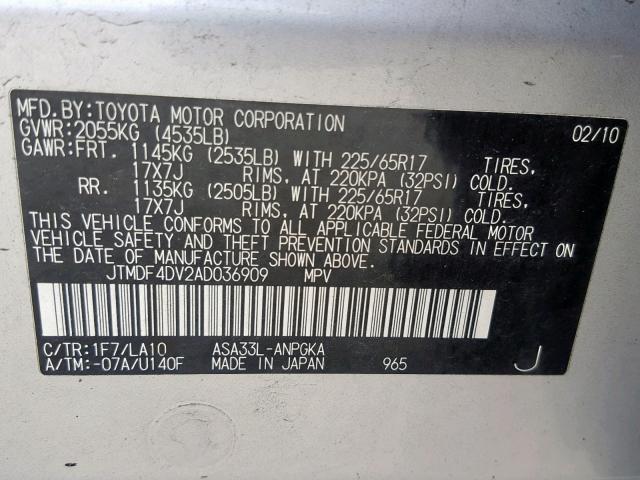 JTMDF4DV2AD036909 - 2010 TOYOTA RAV4 LIMIT SILVER photo 10