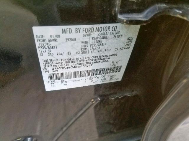 2FMDK48C48BA58247 - 2008 FORD EDGE SEL BLACK photo 10