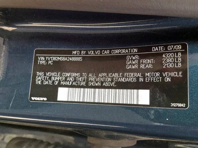 YV1382MS8A2488885 - 2010 VOLVO S40 2.4I BLUE photo 10