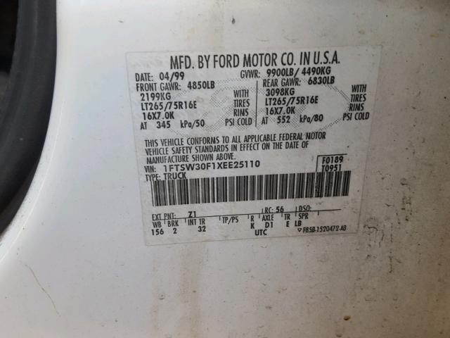 1FTSW30F1XEE25110 - 1999 FORD F350 SRW S WHITE photo 10