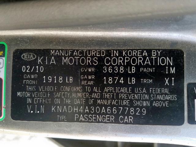 KNADH4A30A6677829 - 2010 KIA RIO LX GRAY photo 10