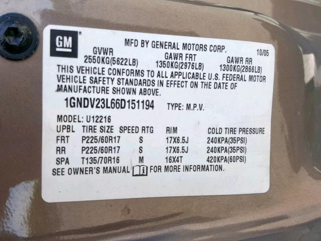 1GNDV23L66D151194 - 2006 CHEVROLET UPLANDER L BROWN photo 10