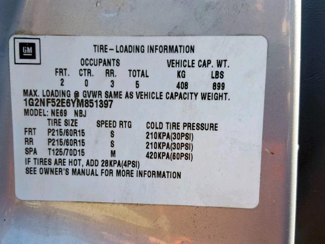 1G2NF52E6YM851397 - 2000 PONTIAC GRAND AM S SILVER photo 10