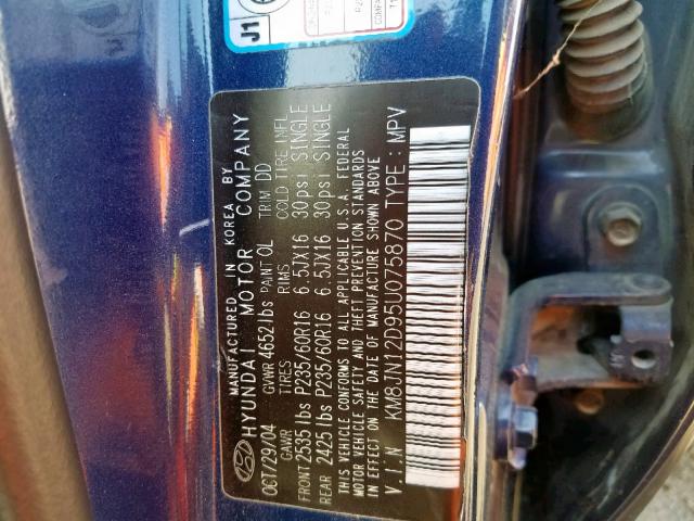 KM8JN12D95U075870 - 2005 HYUNDAI TUCSON GLS BLUE photo 10