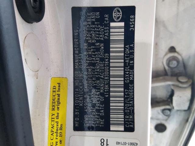 4T1BK1EB3DU018439 - 2013 TOYOTA AVALON BAS WHITE photo 10