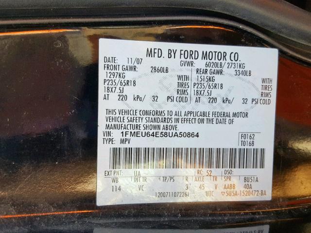 1FMEU64E58UA50864 - 2008 FORD EXPLORER E BLACK photo 10