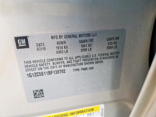 1G1ZC5E11BF138782 - 2011 CHEVROLET MALIBU 1LT SILVER photo 10