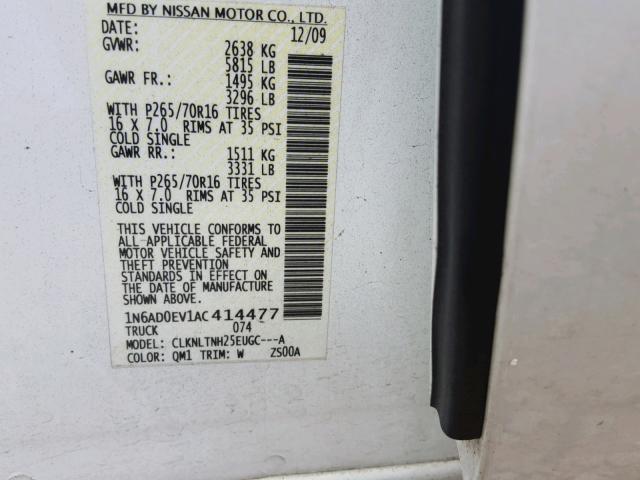 1N6AD0EV1AC414477 - 2010 NISSAN FRONTIER C WHITE photo 10