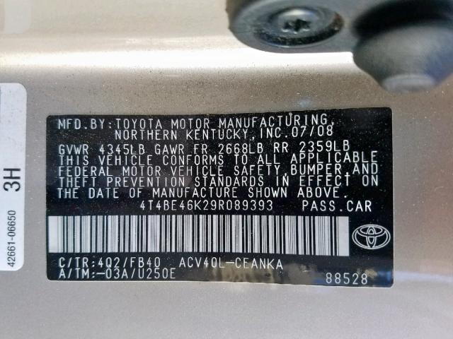 4T4BE46K29R089393 - 2009 TOYOTA CAMRY BASE GOLD photo 10