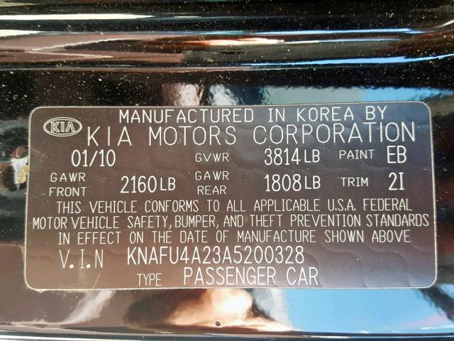 KNAFU4A23A5200328 - 2010 KIA FORTE EX BLACK photo 10