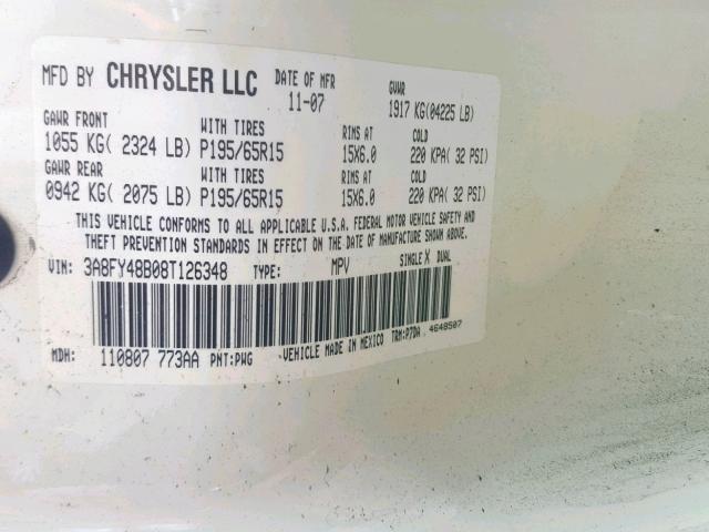 3A8FY48B08T126348 - 2008 CHRYSLER PT CRUISER WHITE photo 10