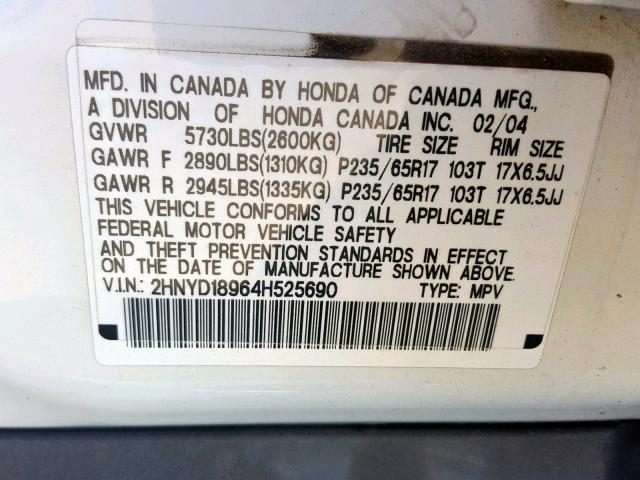 2HNYD18964H525690 - 2004 ACURA MDX TOURIN WHITE photo 10