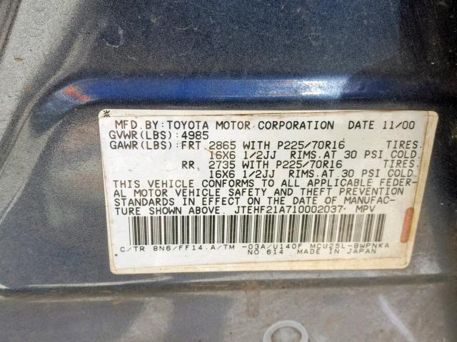 JTEHF21A710002037 - 2001 TOYOTA HIGHLANDER BLUE photo 10