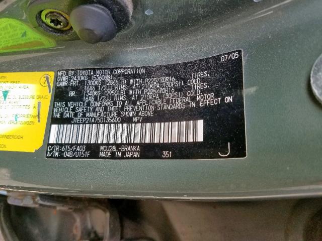 JTEEP21A750135600 - 2005 TOYOTA HIGHLANDER GREEN photo 10