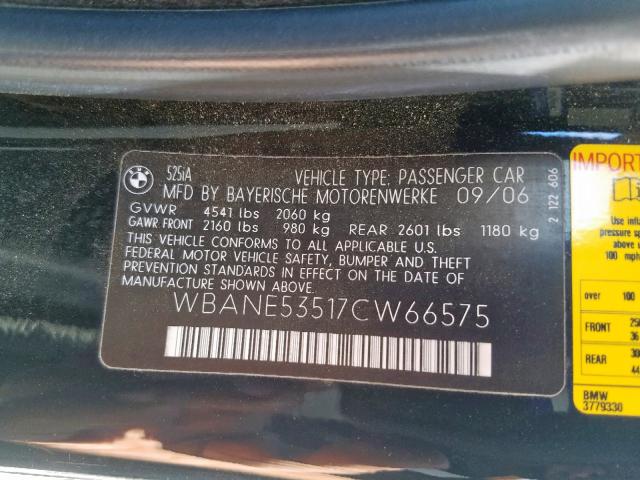 WBANE53517CW66575 - 2007 BMW 525 I BLACK photo 10