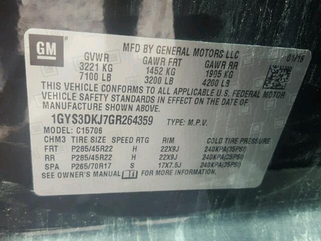 1GYS3DKJ7GR264359 - 2016 CADILLAC ESCALADE P BLACK photo 10