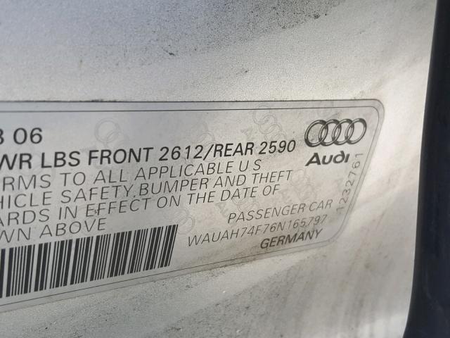 WAUAH74F76N165797 - 2006 AUDI A6 3.2 SILVER photo 10