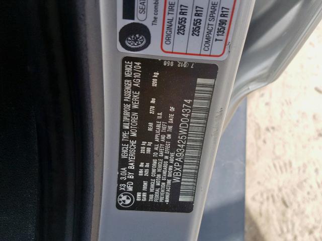 WBXPA93425WD04374 - 2005 BMW X3 3.0I GRAY photo 10