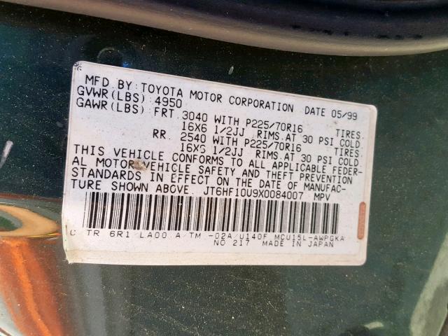 JT6HF10U9X0084007 - 1999 LEXUS RX 300 GRAY photo 10