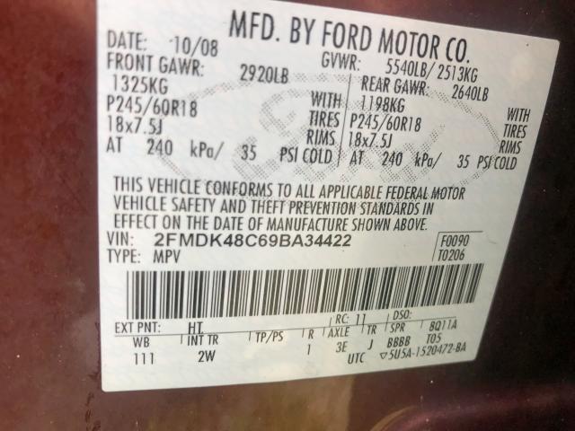 2FMDK48C69BA34422 - 2009 FORD EDGE SEL BURGUNDY photo 8