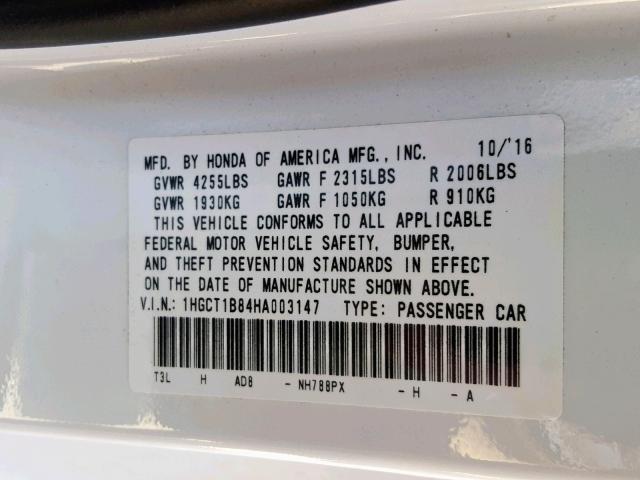 1HGCT1B84HA003147 - 2017 HONDA ACCORD EXL WHITE photo 10