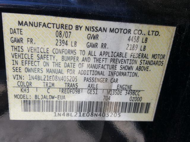 1N4BL21E08N405205 - 2008 NISSAN ALTIMA 3.5 BLACK photo 10