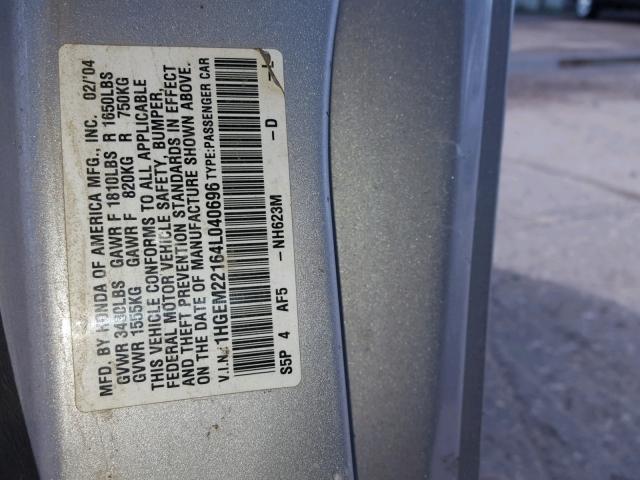 1HGEM22164L040696 - 2004 HONDA CIVIC DX V SILVER photo 10