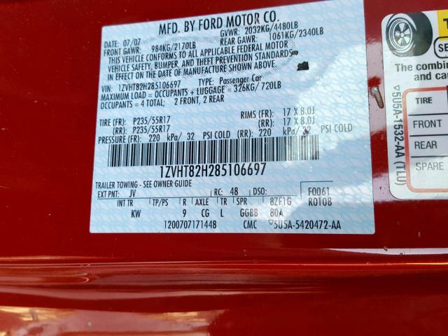 1ZVHT82H285106697 - 2008 FORD MUSTANG GT RED photo 10