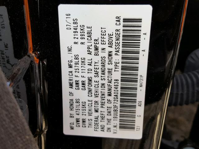 19UUB3F72GA004638 - 2016 ACURA TLX ADVANC BLACK photo 10