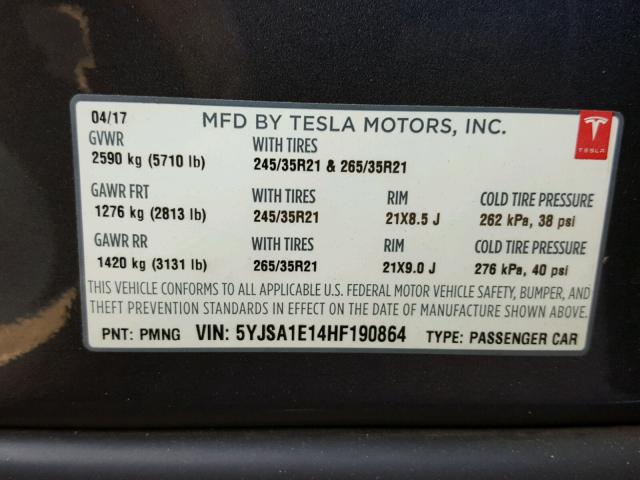 5YJSA1E14HF190864 - 2017 TESLA MODEL S CHARCOAL photo 10