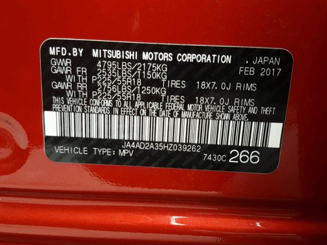 JA4AD2A35HZ039262 - 2017 MITSUBISHI OUTLANDER RED photo 10