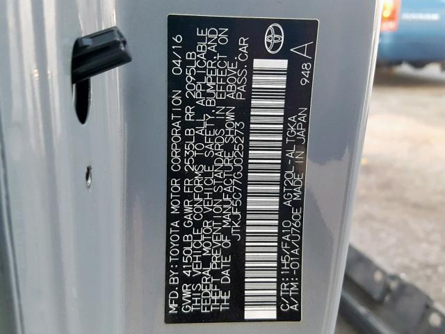 JTKJF5C77GJ025273 - 2016 TOYOTA SCION TC ნაცრისფერი ფოტო 10