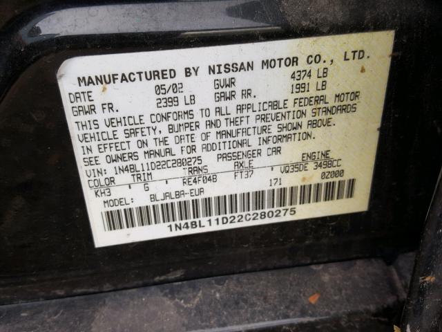 1N4BL11D22C280275 - 2002 NISSAN ALTIMA SE BLUE photo 10