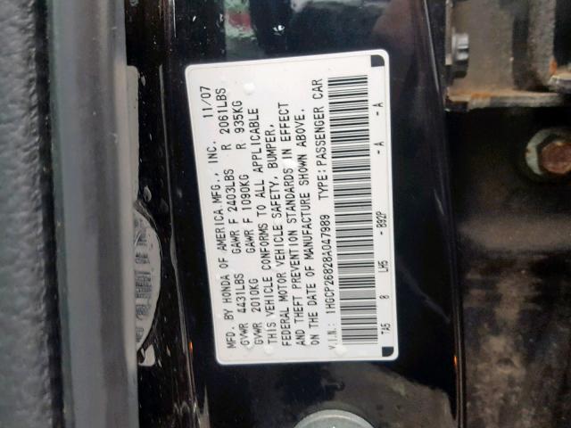 1HGCP26828A047989 - 2008 HONDA ACCORD EXL BLACK photo 10