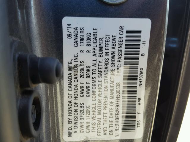 2HGFB2F97FH500538 - 2015 HONDA CIVIC EXL 灰色 照片 10